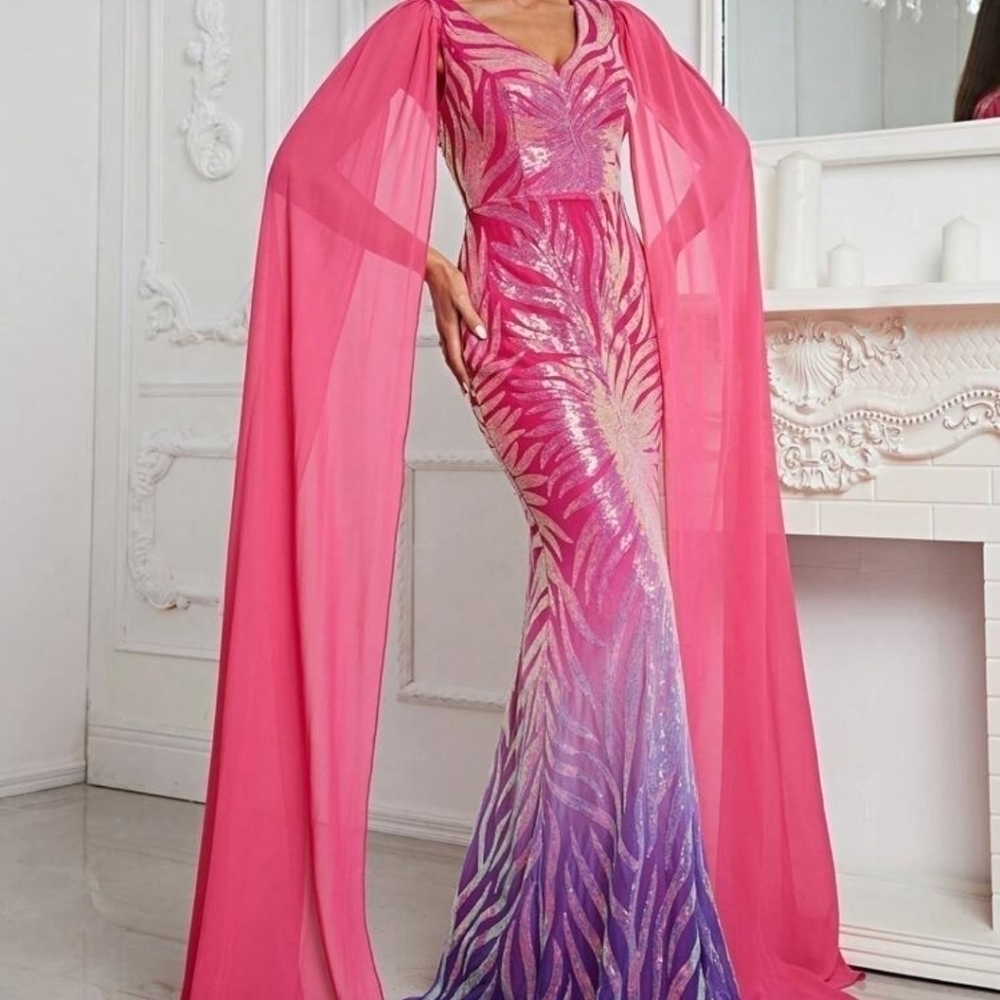 Multicolor Random Print,  Cloak, Sequined, Mesh Mermaid Maxi gown - Picture 8 of 10